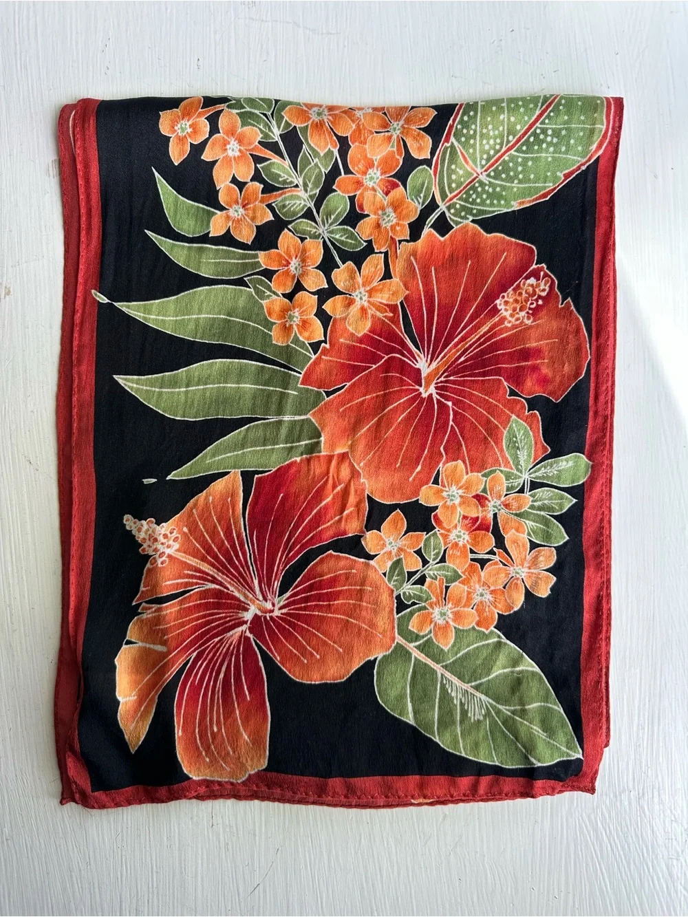 Jones New York Tropical Hibiscus Silk Oblong Scarf Black Red Floral Wrap Resort